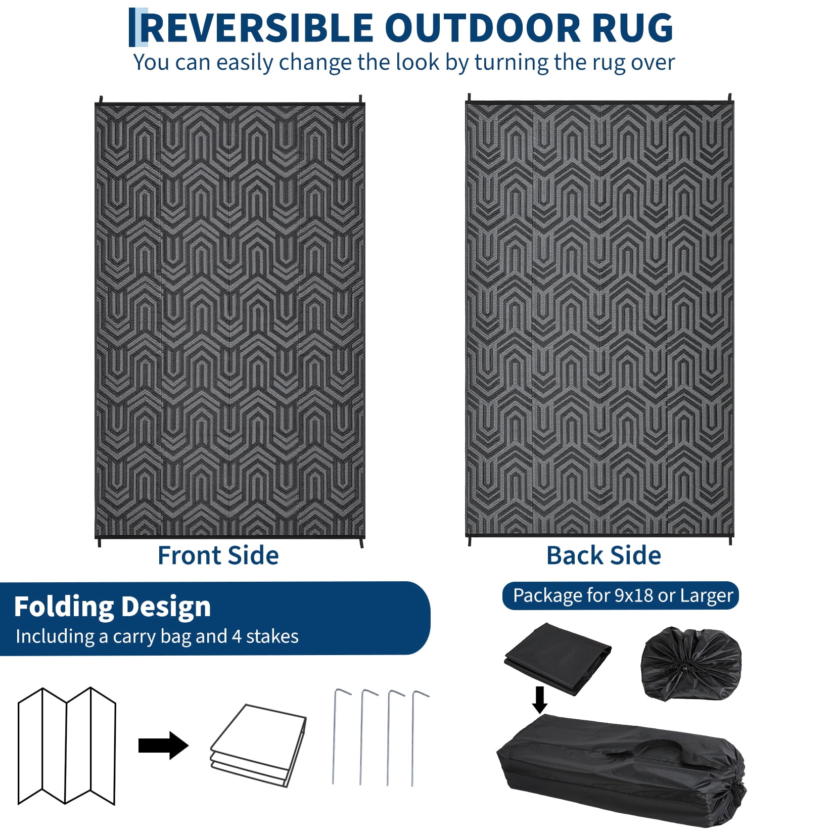 HIWEAVER 9' x 12' Black/Gray Outdoor Rug PP Plastic Straw Woven Waterproof Patio Rug with Border Portable Outside Carpet for Balcony Deck Picnic Garden Decor