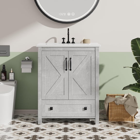 24 inch Vanity with Ceramic Sink, Modern Bathroom Vanity with 2 Doors and 1 Storage Drawer, Freestanding Bathroom Cabinet with Contemporary Design for Your Bathrooms, Grey