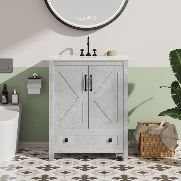 24 inch Vanity with Ceramic Sink, Modern Bathroom Vanity with 2 Doors and 1 Storage Drawer, Freestanding Bathroom Cabinet with Contemporary Design for Your Bathrooms