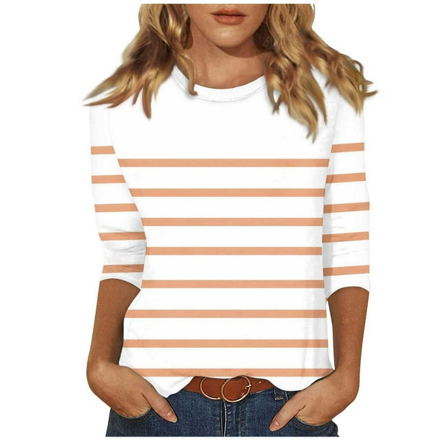 Lenpel Hauts à Manches 3/4 pour Femmes Tendance à Rayures Col Rond Grande Taille Tuniques T-Shirts Décontractés Blouses