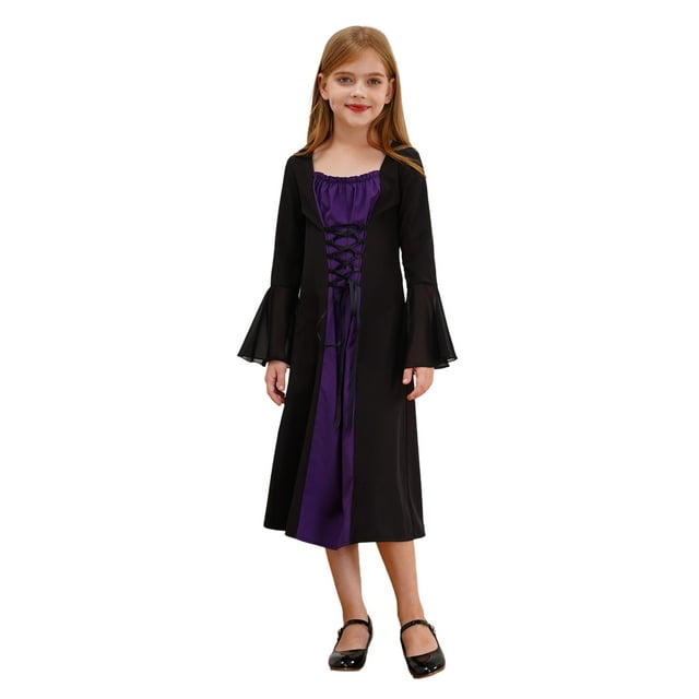 iiniim Enfants Filles Costume Médiéval Renaissance Rétro Vintage Robe à Manches Évasées Halloween Cosplay Xmas Tenues de Fête Violet 8
