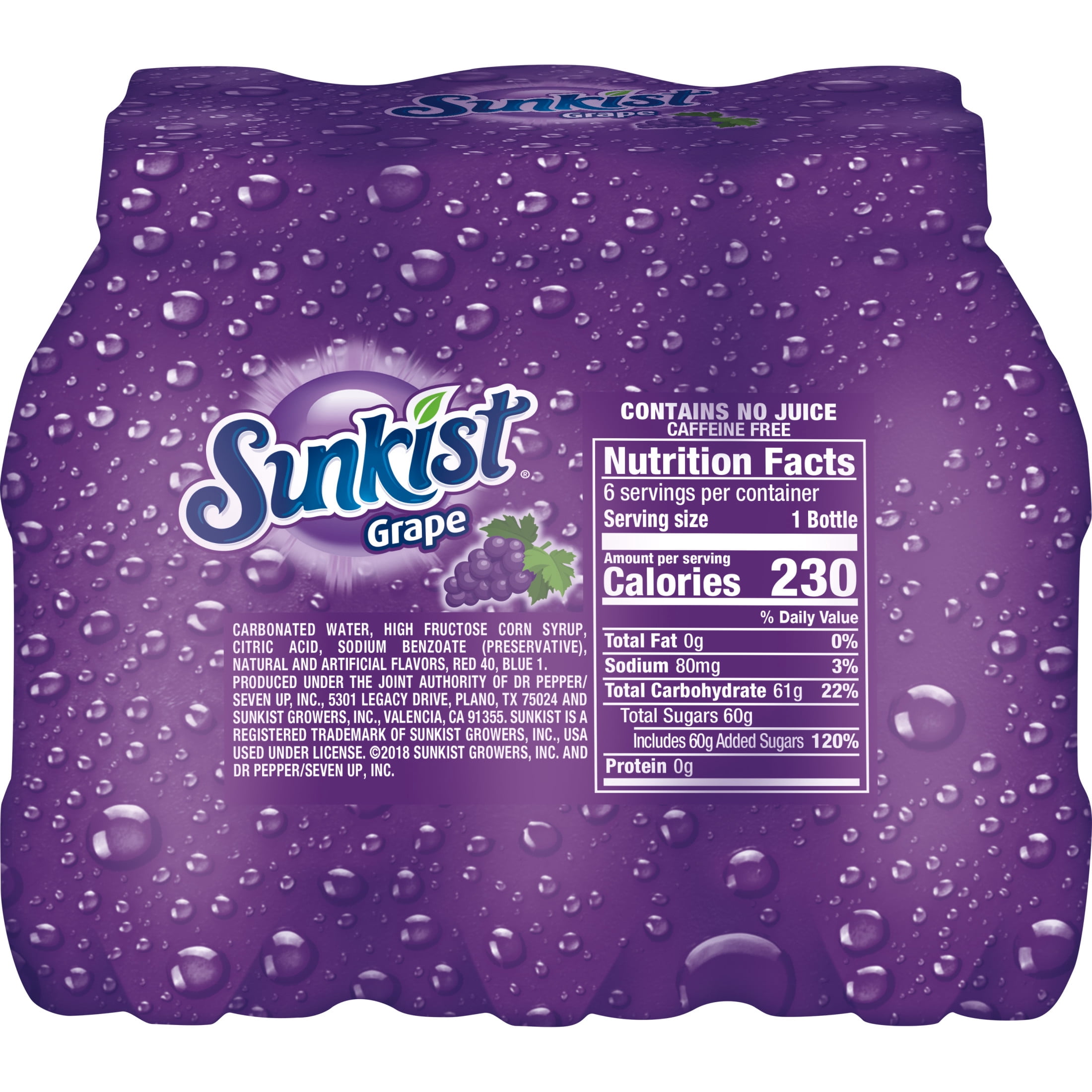 Sunkist Caffeine Free Grape Soda Pop, 16 fl oz, 6 Pack Bottles