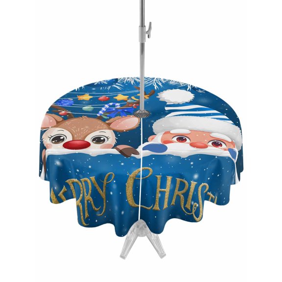 Outdoor Tablecloth with Umbrella Hole and Zipper, Christmas Round Table Cloth 54 Inch Waterproof Tablecloth, Cute Santa Claus Reindeer Xmas Balls Snowy Navy Blue Picnic Table Cover for Patio Camping