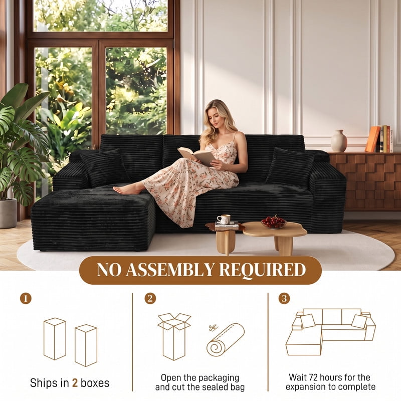 avobird 107" Boneless Cloud Modular Sectional Sofa Couch with Left Side L-Shape Chaise,Modern Corduroy Upholstered Couches for Living Room Bedroom,Deep Seat Corner Couch, Black