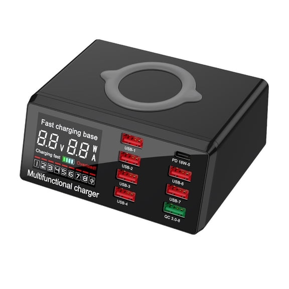 W 8 Ports Wireless Charging Station PD Fast Charger USB Quick 3.0 Adapter HUB ,Suitable for Travel