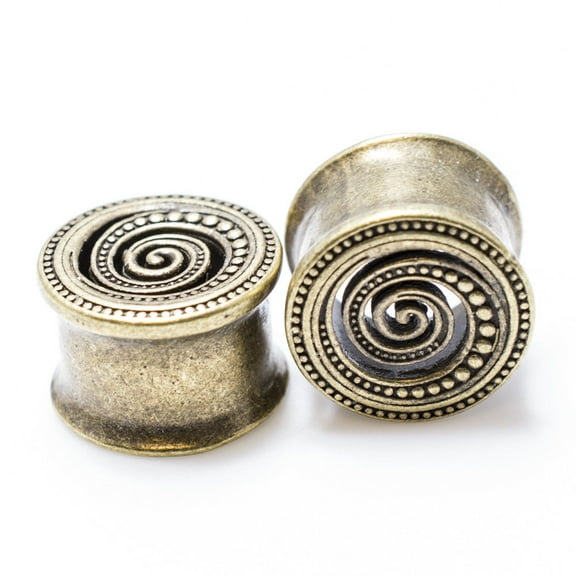 Pair of Antique Brass Ear Plugs with Spiral Design - 0 Gauge to 9/16" Inch(14mm)