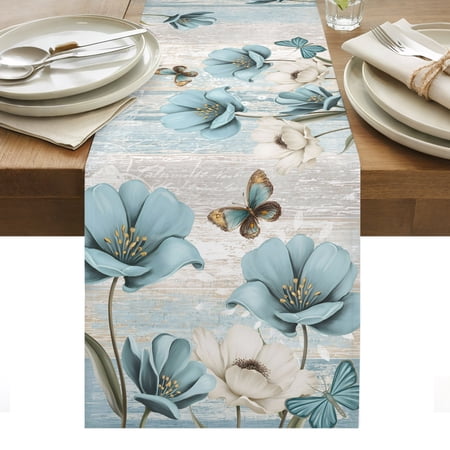 Vintage Tulip Cotton Linen Table Runner Farmhouse Blue Flower Butterfly Blue Wood Grain Dining Table Runners for Home Decor Party Dining Room Restaurant Kitchen Party 13 x 72