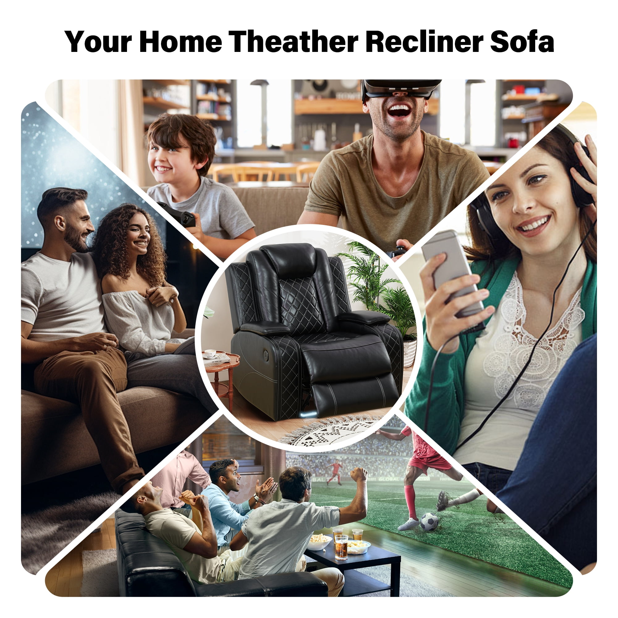 Aukfa Power Recliner Sofa Chair W/ Storage and USB for Living Room,Leather, Black