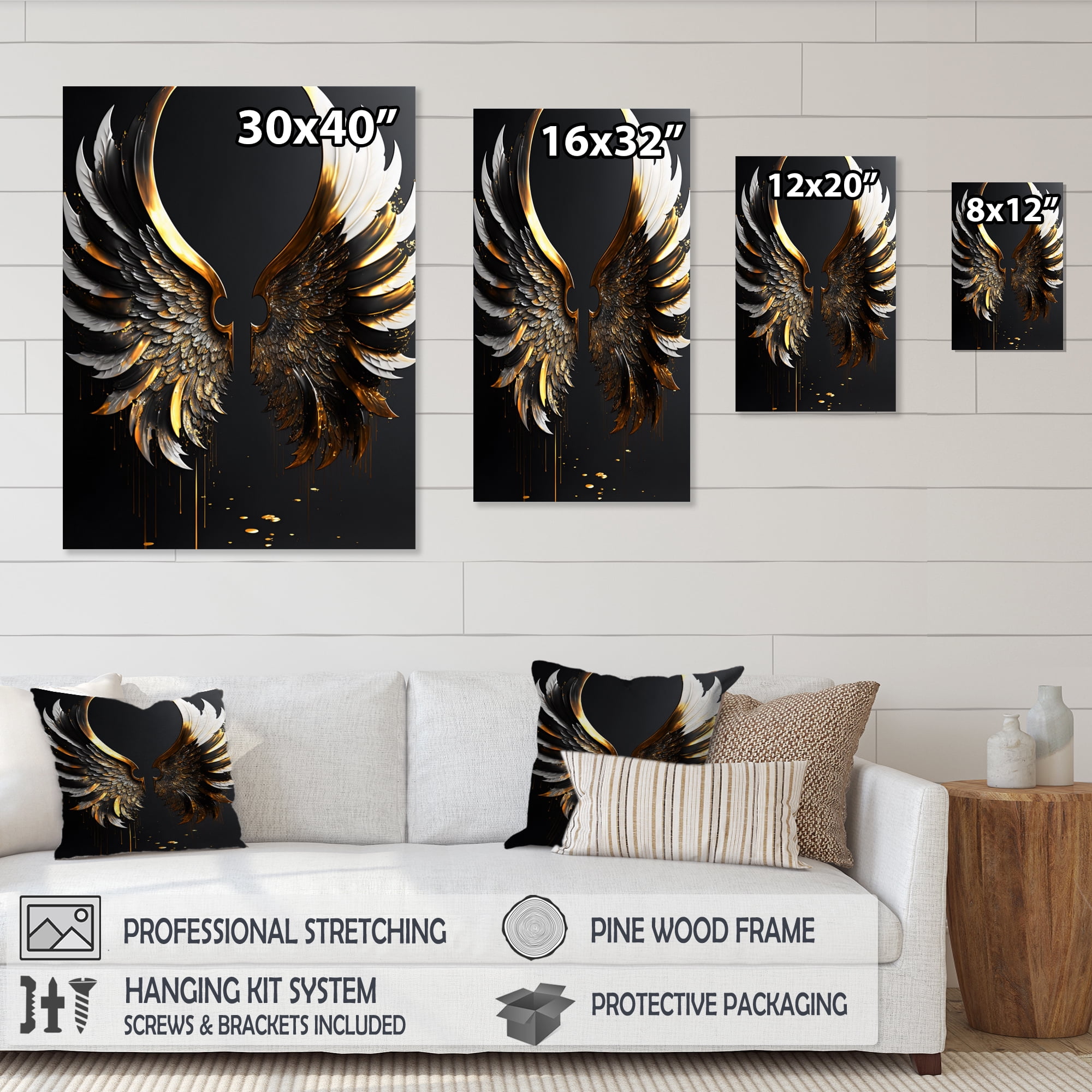 Designart Black Silver And Gold Angel Wings IV Canvas Wall Art