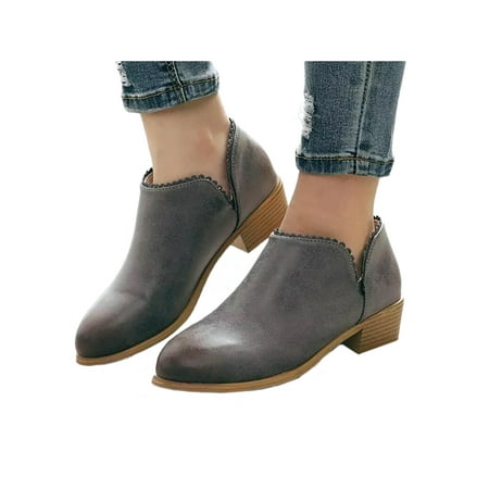 

Harsuny Womens Cut Out Ankle Boots Chunky Stacked Heel Round Toe Slip on Western Booties Gray 5.5
