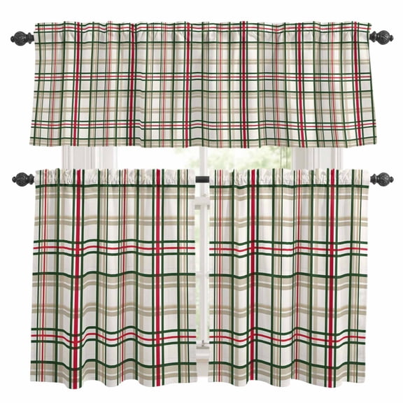 Green Red Plaid Christmas Kitchen Curtains Sets for Windows 36 Inch Length, Xmas Checkered Buffalo Rod Pocket Window Treatments Tier Curtains and Valances Set for Bedroom/Bathroom