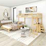 EUROCO Twin over Full Bunk Bed with Desk and Drawers, Natural