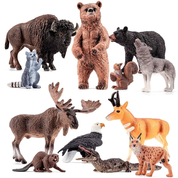 12PCS Large North American Animal Figurines, Realistic Safari Woodland Jungle Animals Figures Toys Includes Crocodile,Wolf,Bear,Deer Cake T