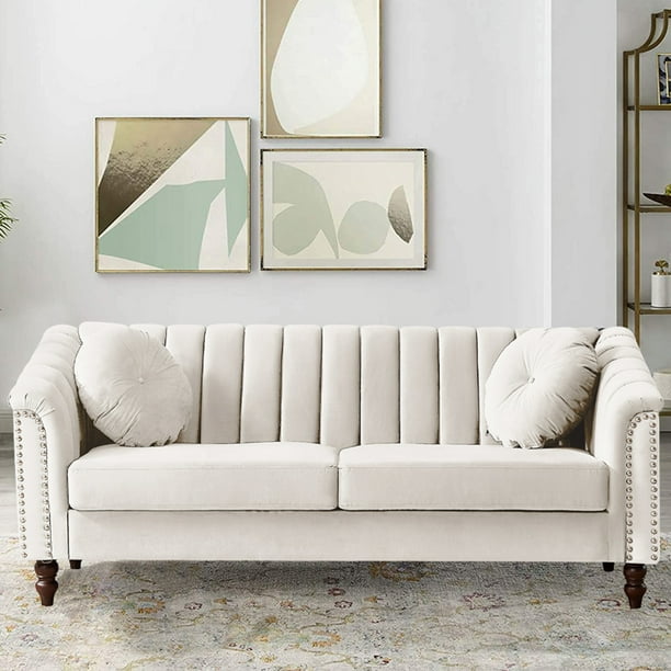 Beige Velvet Sofa, Mid-century Velvet Upholstered Sofa, Kamida Couch 