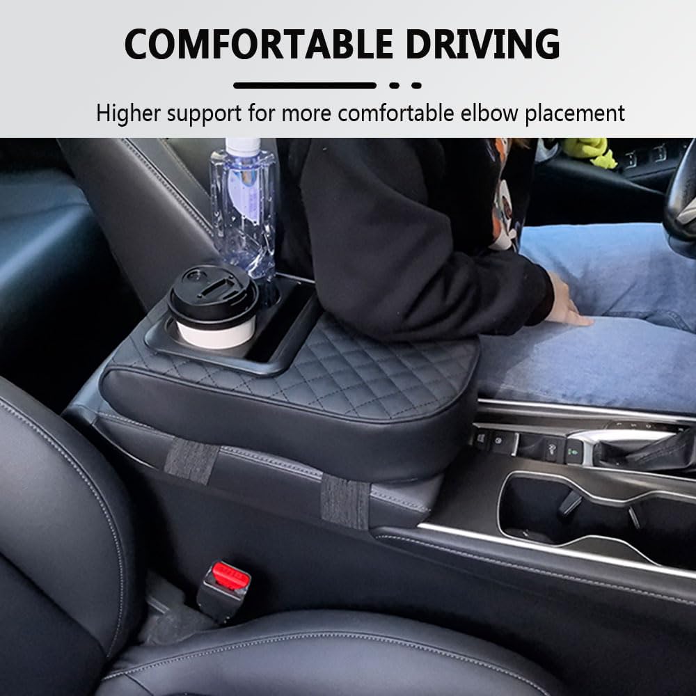 GUANGHUI Auto Center Console Armrest Pillow, Leather Car Armrest Cushion with Cup Holder, Phone Holder, Universal Car Armrest Box Cover Protector Car Interior Accessories for Most Vehicles (BLACK)