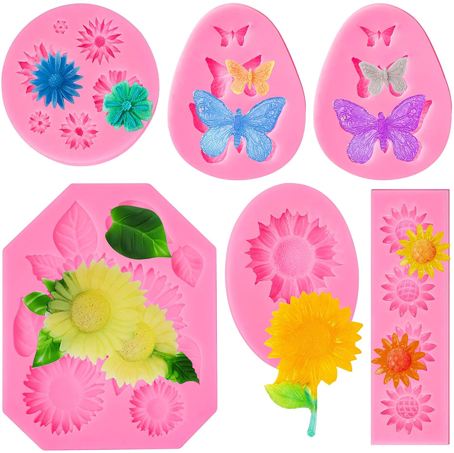 6 Pieces Butterfly Silicone Fondant Molds sunflower Clay Molds Decoration Tool for Kids Adult Fondant Candy and Homemade Cake Polymer Clay DIY 
