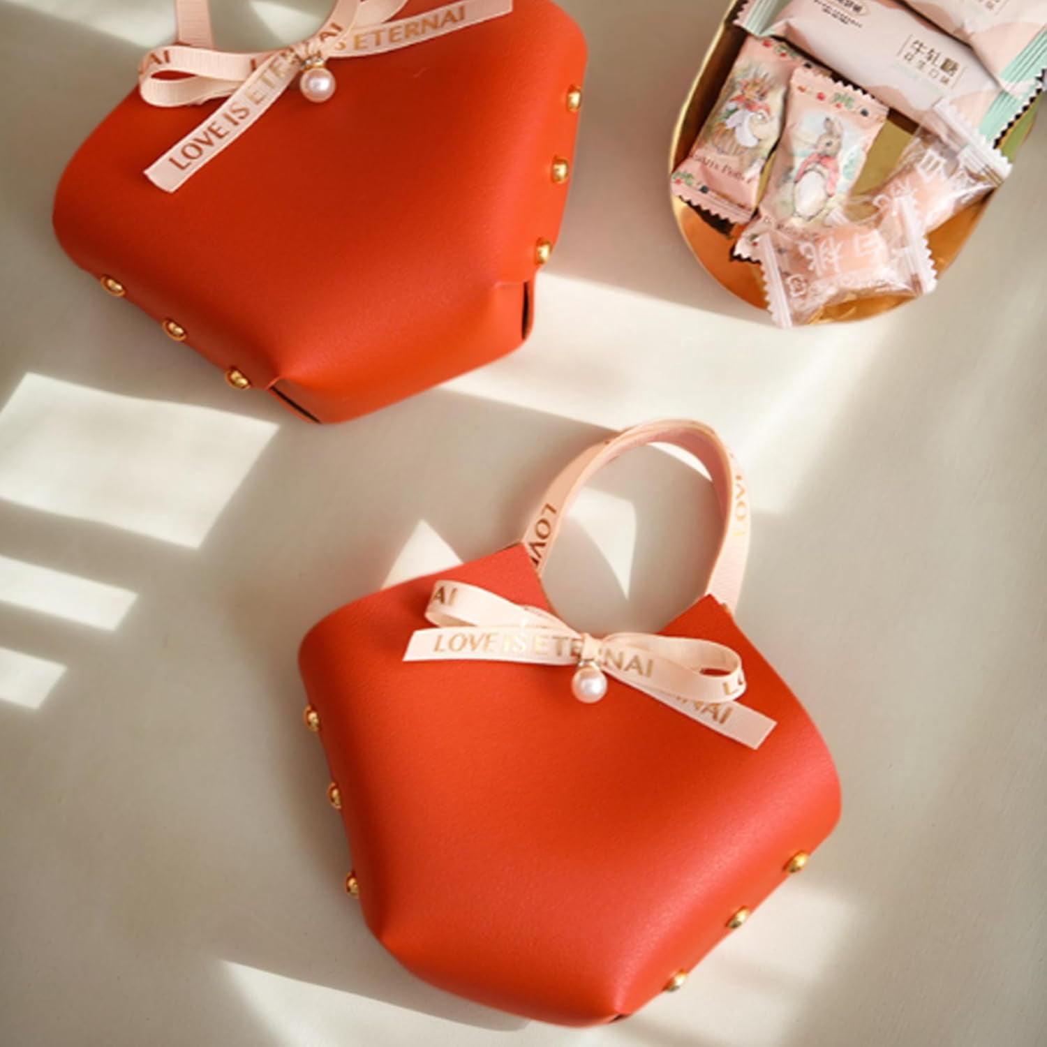 10 Pack Leather Bowknot Gift Boxes: Party Favor Bag Candy Gift Party Favor Boxes, Mini Gift Bags with Handles, Reusable Gift Bag for Baby Showers Wedding Christmas Party Valentines's Day (Orange)