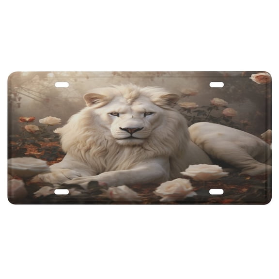License Plates White Lion With Pink Roses Home Wall Automobile Bar Garage Man Cave Decoration Red Rose Flowers Metal Car Plate Rust-Free Metal License Plate Cover for Women Men 6x12 Inch