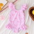 thumbnail image 6 of Avrnliq Girls Pink Striped Bow Print One Piece Swimsuit Ruffled Flutter Sleeve Skirted Bathing Suit for Kids Kids Beach Pool Party,Size 6 T, 6 of 9