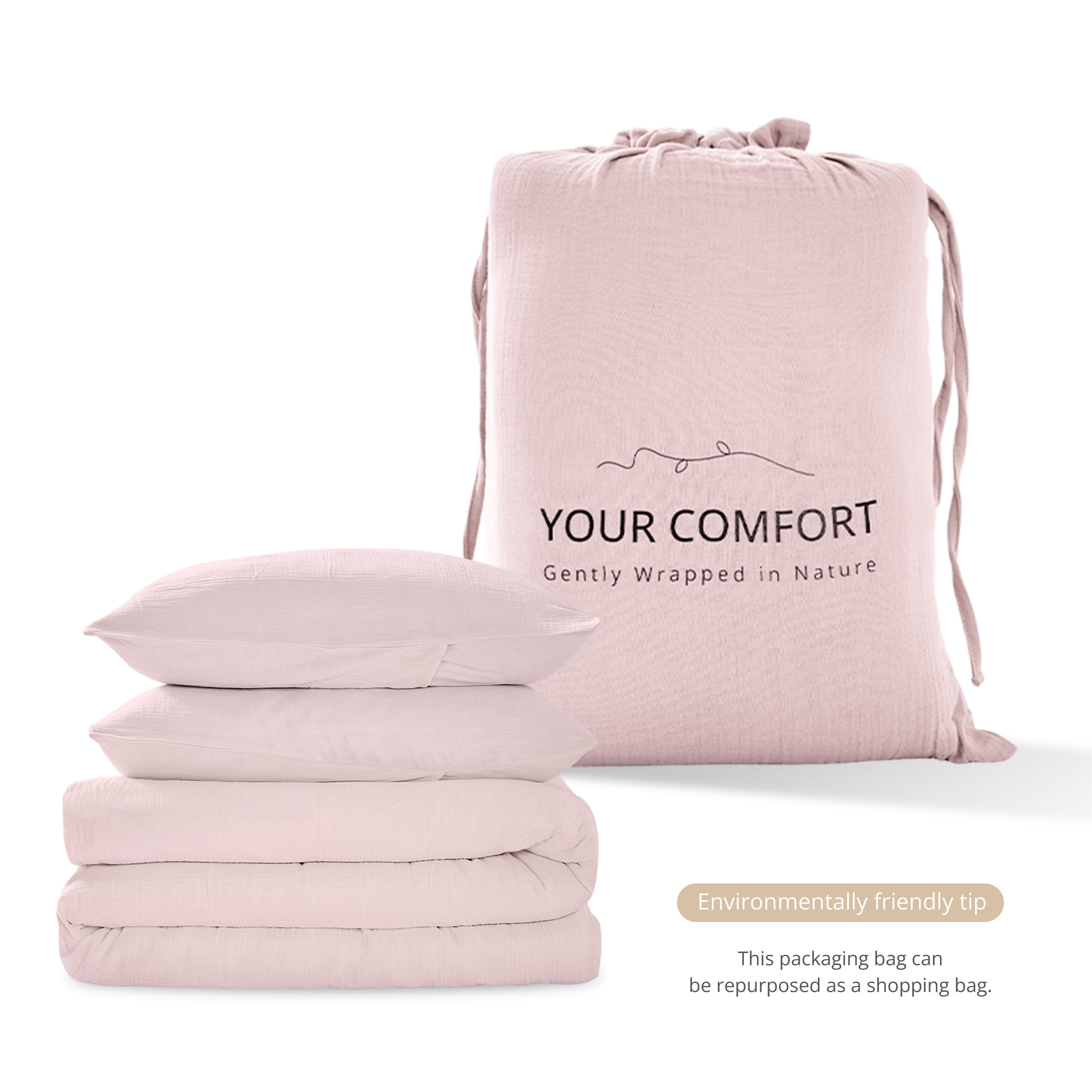 TechForma 100% Cotton Duvet Cover Set, Pink Double Layer Gauze Bed Set, 3 pcs Breathable & Crisp Soft Duvet Cover Set,King