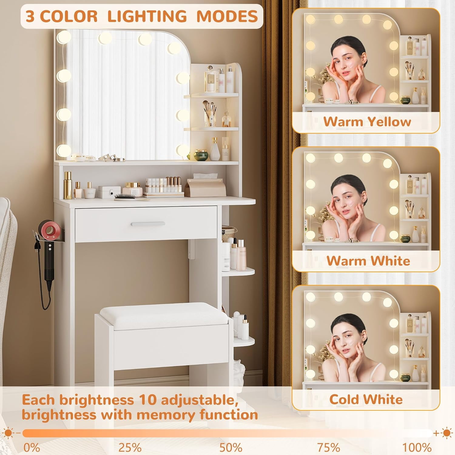 Vanity Set with Mirror and Lights, Small Makeup Vanity Desk with Stool, Charging Station, 26.4" Compact White Vanity for Small Spaces, 3 Color Lighting Modes