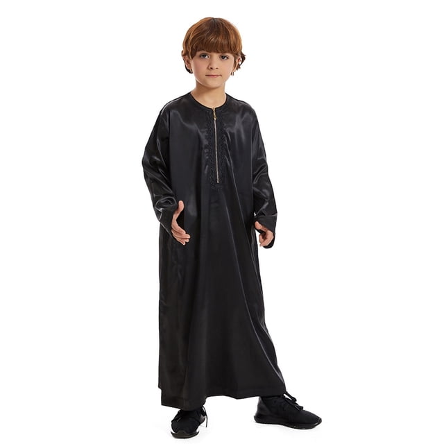 MEZZALL Robe Kaftan Arabe Thobe, Robe Brodée à Manches Longues pour Garçons Adolescents, Ensemble Classique pour Enfants, Noir, 5-6 Ans