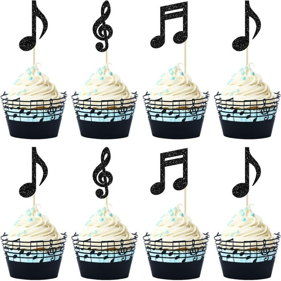 12pcs Music Notes Cupcake Toppers and Wrappers Glitter Musical Symbols Cupcake Picks for Rock Music Theme Baby Shower Kids Birthday Party Cake Decorations Supplies