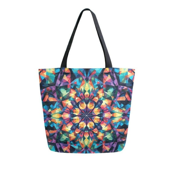 Large opening canvas tote bag, thickened canvas shopping bag, commuter handbag, multi-color available. Colorful Kaleidoscope Pattern