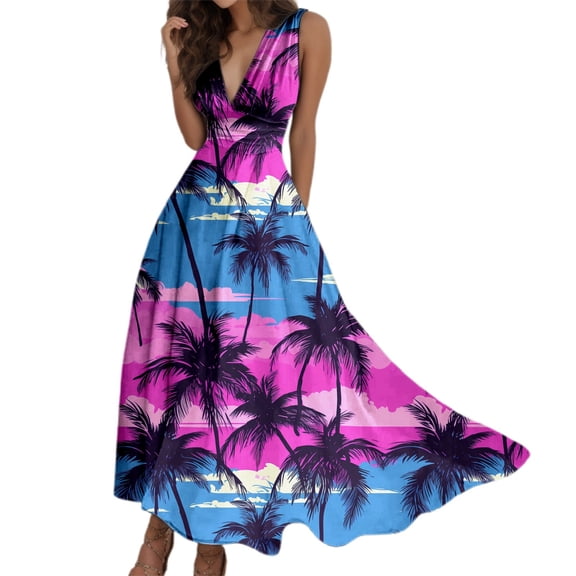 Women's Summer Sexy V Neck Sleeveless Beach Dress Casual Coconut Tree Print Flowy Comfortable Lightweight Outfit