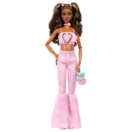 Barbie Deluxe Style Fashion Doll #12 in Pink Denim Crop Top and Flare Jeans, Brunette