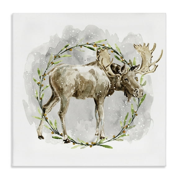 Stupell Industries Rustic Moose with Wreath Animals & Insects Painting Gallery Wrapped Canvas Art Prints Wall Art, 17 x 17