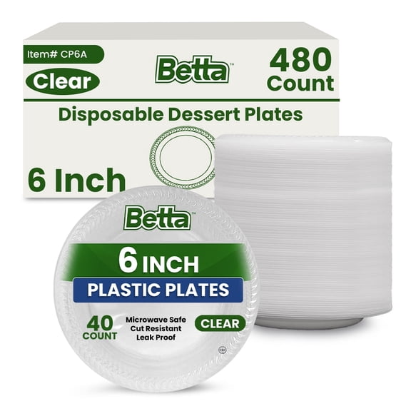 Betta 6-Inch Disposable Plastic Dessert Plates, Clear, 480 Count, Bulk Case, Microwave Safe (12 Pack Per Box x40)