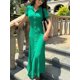 thumbnail image 1 of Vestido largo elegante plisado liso con dobladillo y retales para mujer, vestido elegante con cuello redondo y mangas cortas, bata con una botonadura, ropa de viaje para verano, 1 of 5