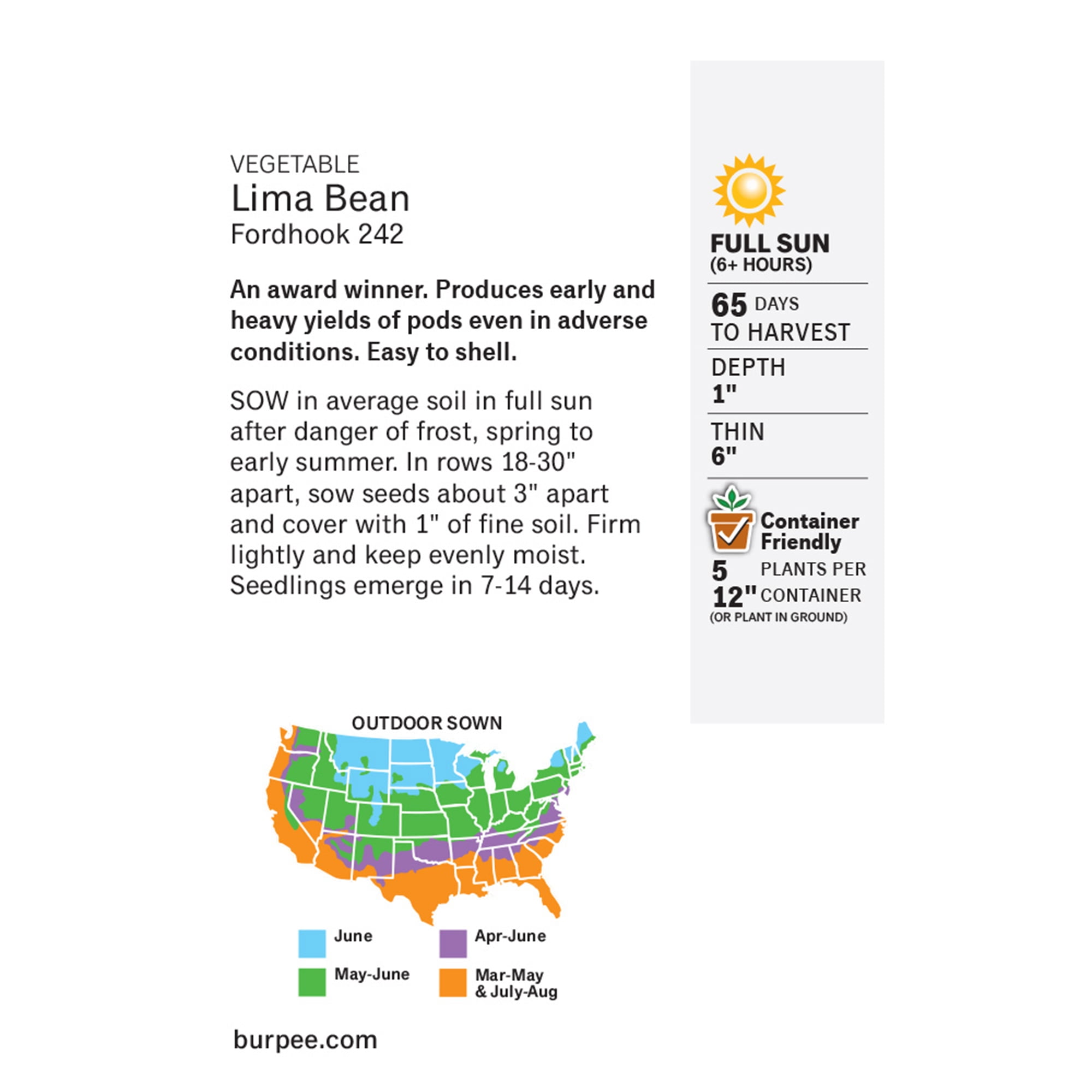Burpee 18 gm Fordhook 242 Lima Bean Bush, Annual Vegetable, Full Sun