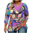 thumbnail image 2 of Jjayotai Womens Plus Size Shirts, 3/4 Sleeve V Neck Trendy Clothes, Floral Tees, Loose Tunics, Casual Blouses, Boho Womens Clothing Purple^L, 2 of 5