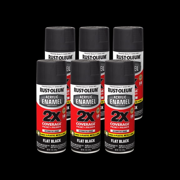 6 Pack, Black, Rust-Oleum Automotive Flat Acrylic Enamel 2X Spray Paint-271918, 12 oz