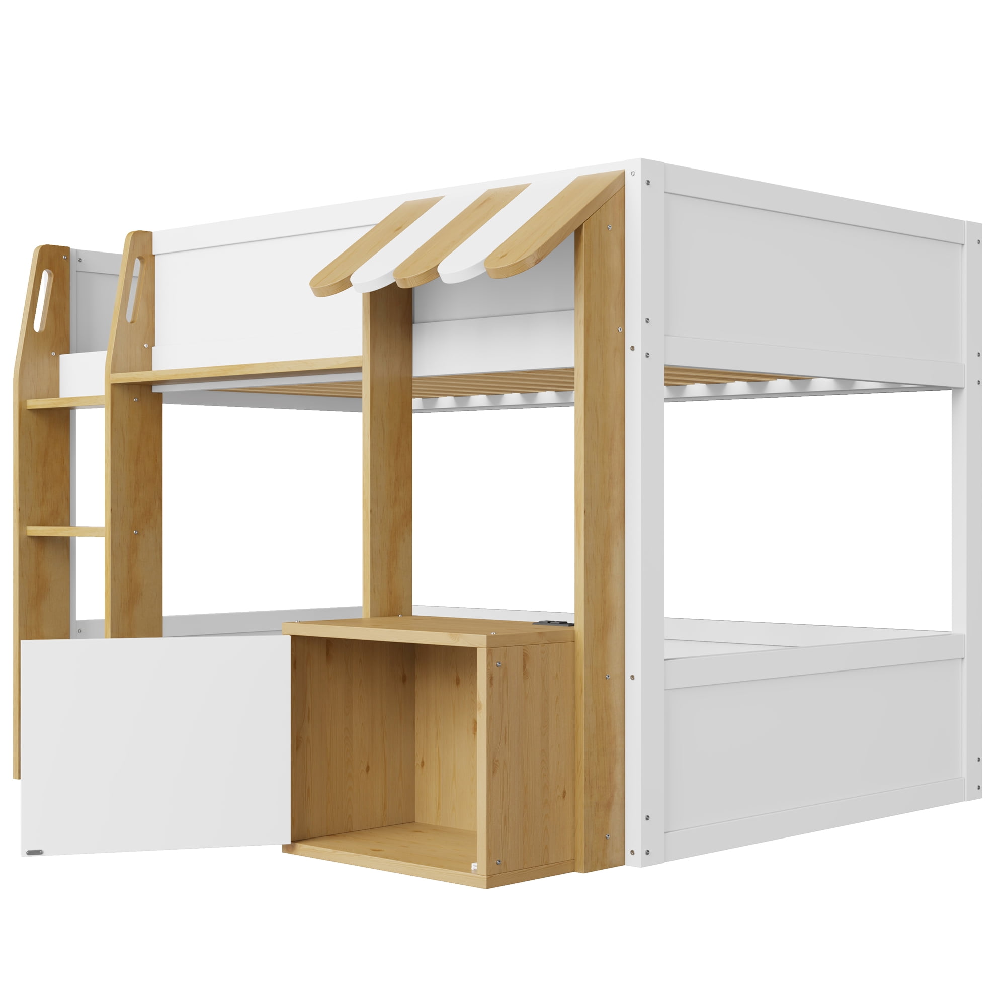 Euroco Wood Twin over Twin Bunk Bed with Desk and Cabinets, Storage Bed with Shelves and USB Ports, White