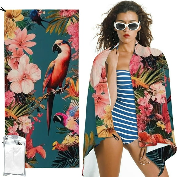 Autua Tropical Jungle Birds Beach Towel Oversized 36"x72" Quick Dry Microfiber Towels Pool Accessories Cruise Essentials Vacation Gifts Summer Must Haves for Swimming Camping Travel 27.5x55in