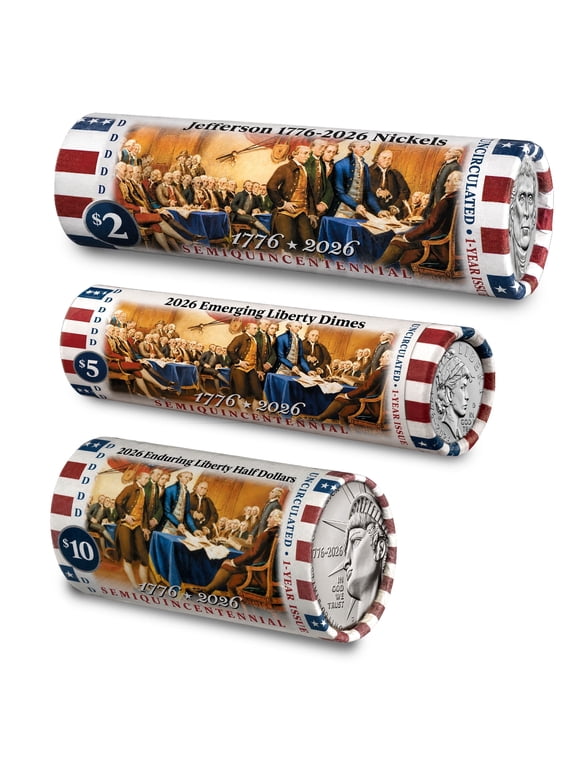 Collectible 2026-D 3 Roll Set – Enduring Half Dollar, Emerging Dime, Jefferson Nickel *Declaration of Independence* Ltd Edition Rolls America's 250th