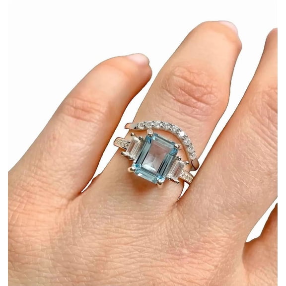 Natural Aquamarine Ring, AAA Aquamarine Gemstone Ring, March Birthstone, Baguette CZ Ring, Womens Ring, Gold Micron, 925 Sterling Silver, Promise Ring, Minimal Stacking jewelry, Anniversary Ring Set