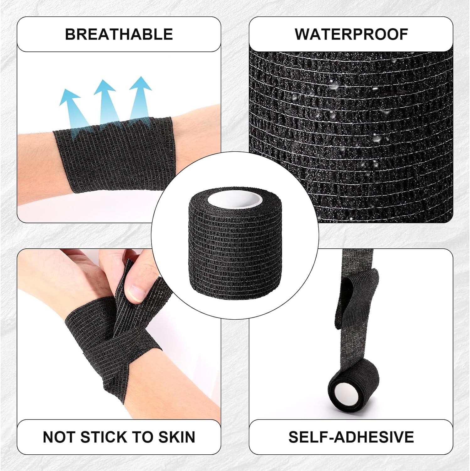 COCPOK Self Adherent Cohesive Wrap Bandages,64 Pack Black Athletic Tape,Self Adhesive Bandage Wrap 2 Inch x 5 Yard,Elastic Cohesive Bandage Wrap,Breathable Sports Wrap for Wrist Ankle,Vet Wrap for Pet