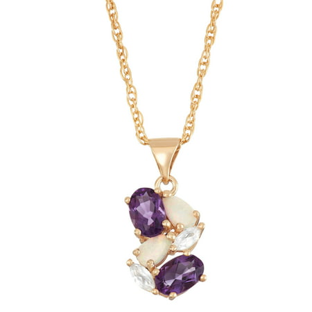 Amethyst, Created Opal and Created White Sapphire 18kt Yellow Gold over Sterling Silver Cluster Pendant, 18