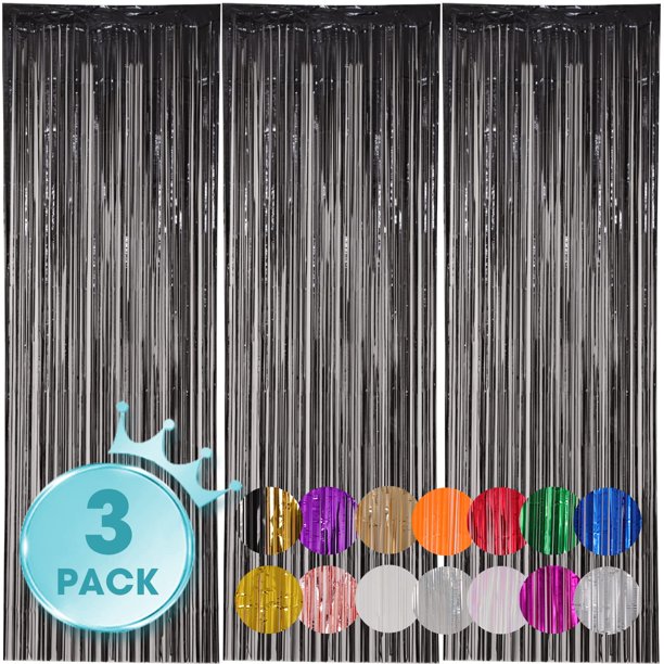 Cortinas Voircoloria con telón de fondo con flecos, paquete de 3 unidades, 1 x 2,5 m, lámina negra