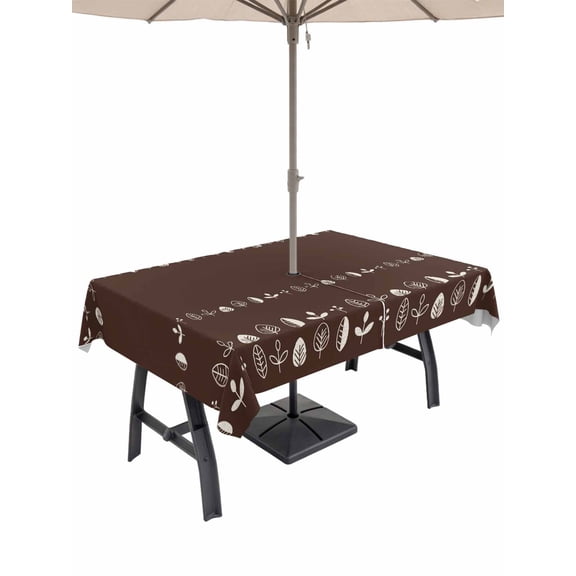 Outdoor Tablecloths with Umbrella Hole & Zipper, Rustic Botanical 54x80 Inch Tablecloth Rectangle, Japanese Herb on Brown Simple Art Waterproof Table Cloth, Patio/Pool/Picnic Table Covers