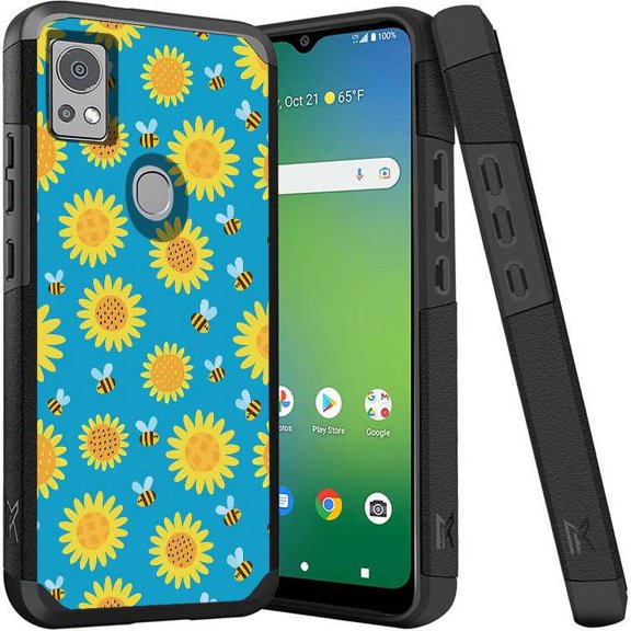 ANJ  Shockproof Dual Layer Slim Hard Case   Tempered Glass Cover Compatible with Icon 5, AT&T Motivate 4 - Sunflowers and Bees