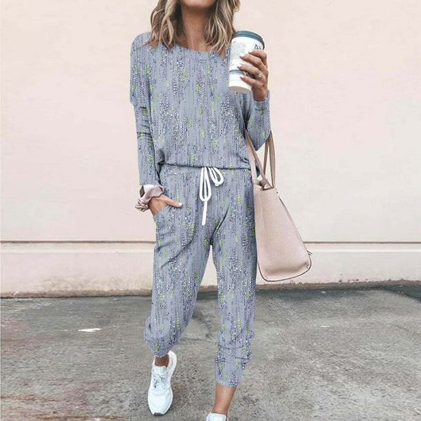 Puntoco Traje Casual Con Cordón Y Cuello Redondo De Manga Larga Con Estampado Holgado A La Moda Para Mujer Azul Claro Xl