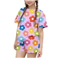 thumbnail image 2 of RKSTN Girls Ensembles pour Filles, T-Shirts à Col Rond à Manches Courtes à Imprimé Floral Coloré avec Shorts, Grande Enfant, Ensemble Pièce Two (Violet, 5-6 Ans), 2 of 6