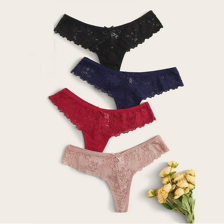 

Womens Underwear 4Pc Women Lace Flowers Low Waist Underwear Panties G-String Lingerie Thongs Underwear For Women Black 2Xl