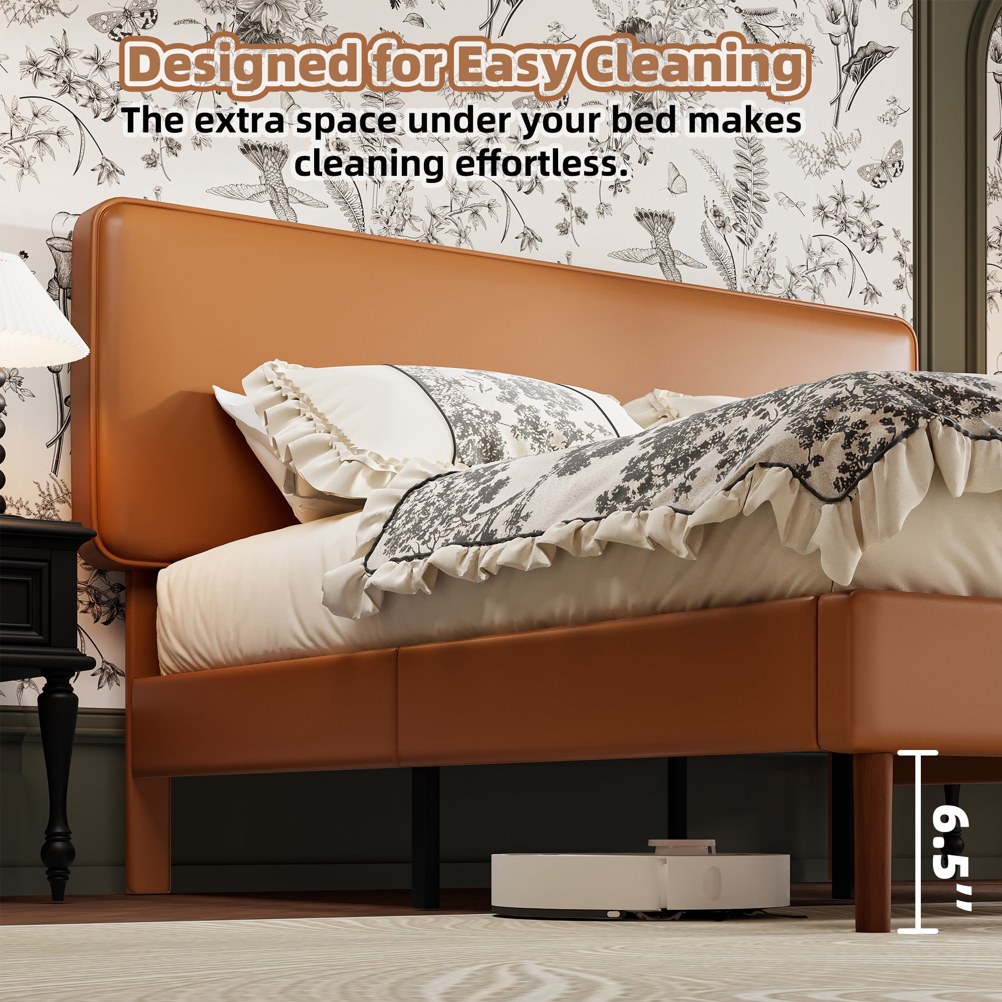 Frostbloom Full Bed Frame, Upholstered Faux Leather Platform Bed with Adjustable Headboard, Orange Brown