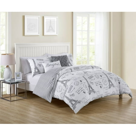5 Piece Duvet Cover Bedding - VCNY Home Taupe Paris Night 4/5 Piece Bedding Duvet Cover Set, Shams and Decorative Pillows Included